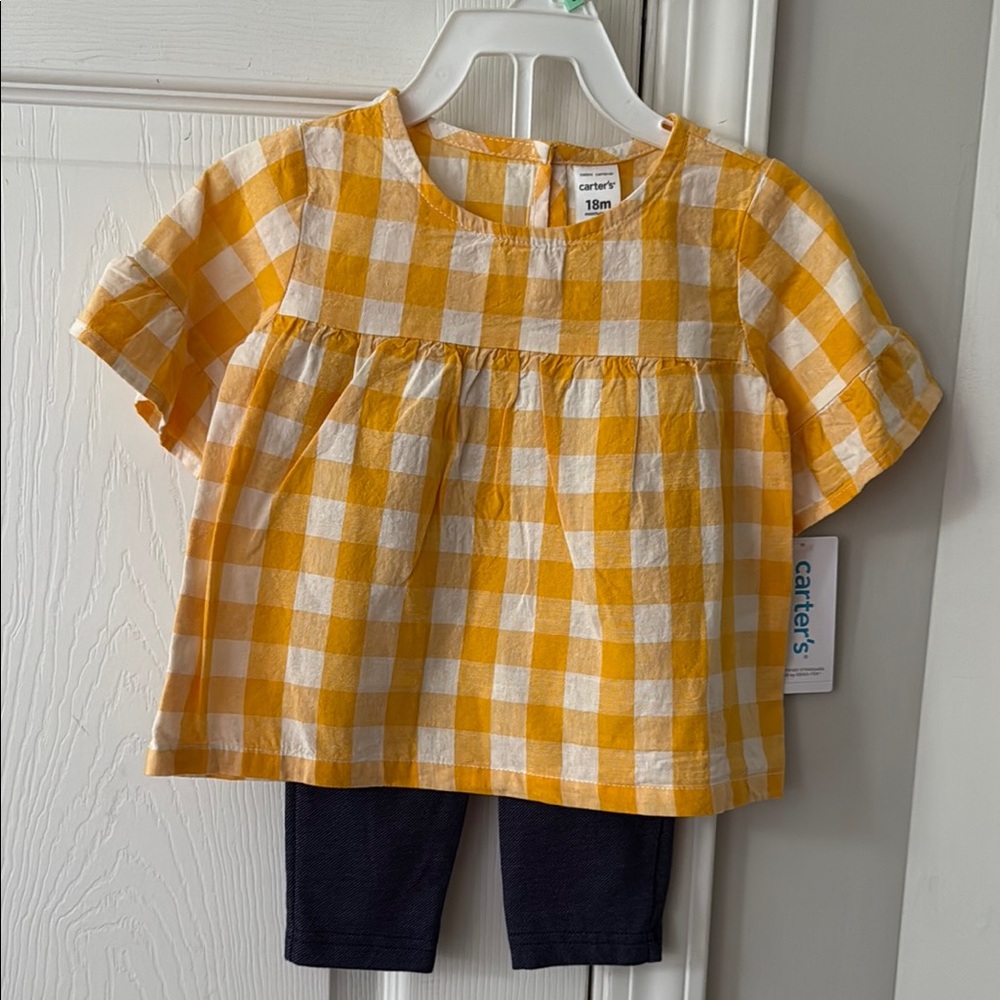 NWT Carter's 18M Yellow Checkered Kids Shirt and Blue Leggings Set.